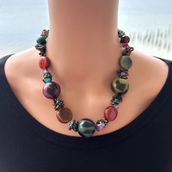 Multicolor Beaded Statement Necklace With Ceramic & Glass Accents - Picture 1 of 3
